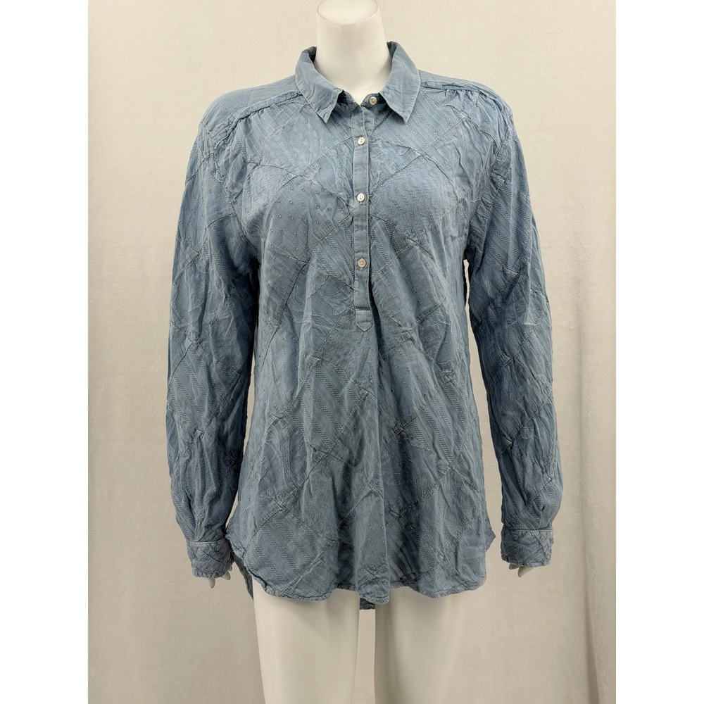 Sundance Top Womens Large Blue Popover Long Sleeve Boho Patchwork Cotton Coastal